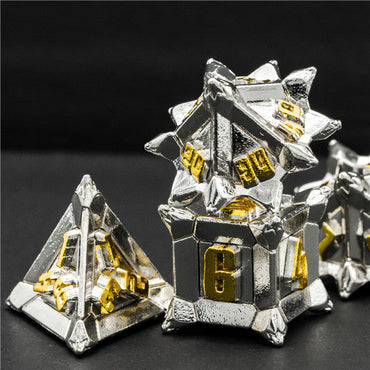 White w/Gold Pinwheel Strengthened Metal 7-Dice Set | Metal DND Dice (Online Only)