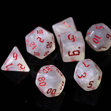 Glitter Party White Glitter Dice (Red font) 7-Dice Set (Online Only)