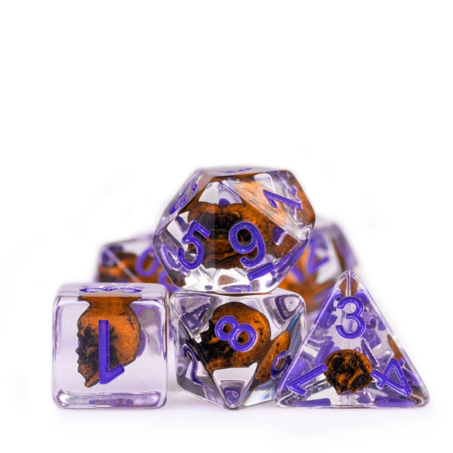 Orange Skull Dice | Clear RPG 7-Dice Set w/ Purple Numbers (Online Only)