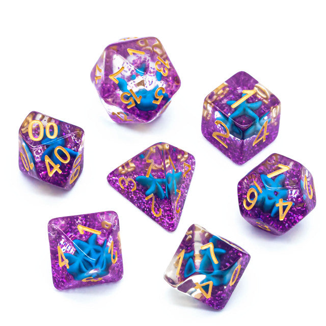 Purple w/Blue Starfish Dice 7-Dice Set Resin Dungeons and Dragons Dice (Online Only)