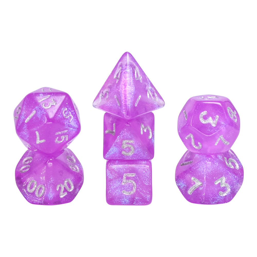Glitter Pink 7-Dice Mini-Dice RPG Set w/Silver Numbers Miniature Dice (Online Only)