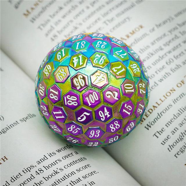 Rainbow Metal Single 100 Sided Polyhedral Dice (D100) | w/ White Color (45mm) (Online Only)