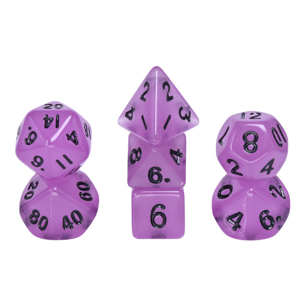 Purple Glow 7-Dice Mini-Dice RPG Set w/Black Numbers Miniature Dice (Online Only)