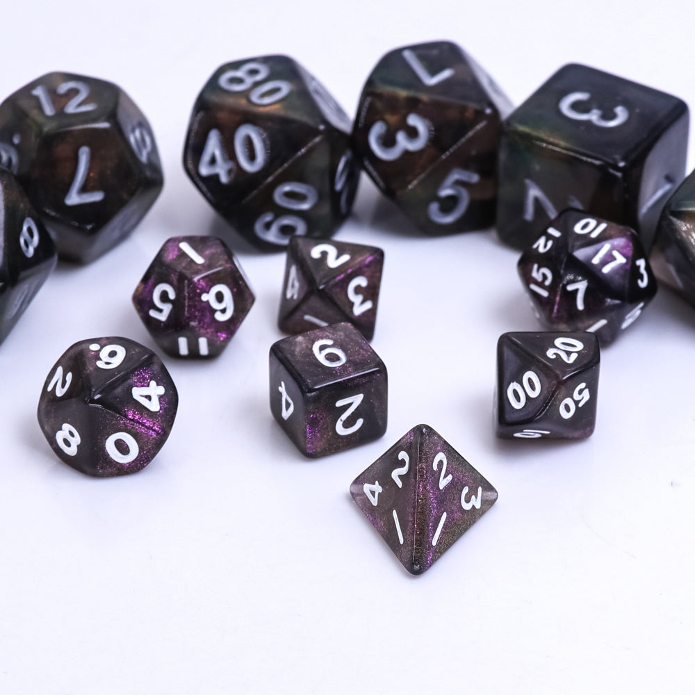 Purple Iridescent 7-Dice Mini-Dice RPG Set w/White Numbers Miniature Dice (Online Only)
