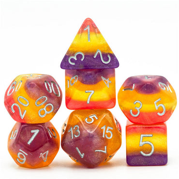 Orange Yellow Purple Glitter Layer 7-Dice Set w/Silver Numbers (Online Only)
