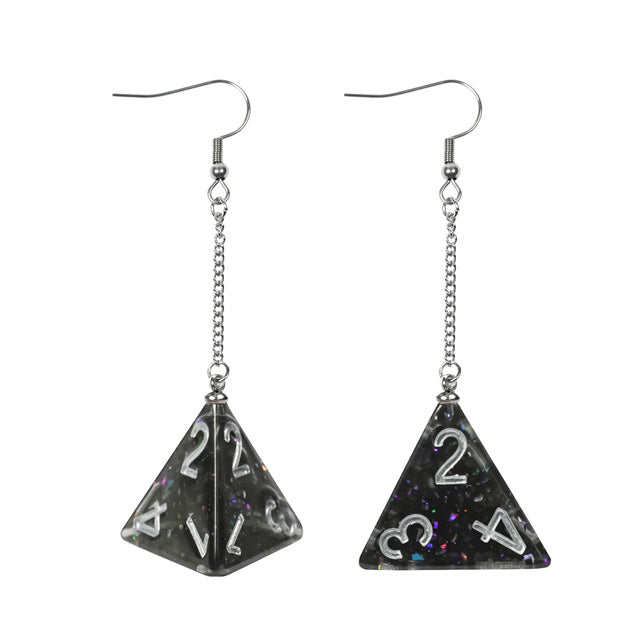Black Glitter Dice Earrings: D4 Dice w/Colorful Inclusion Nerdy RPG Jewelry (Online Only)