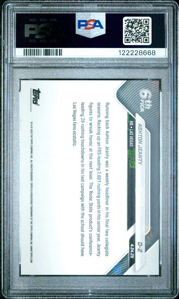 Graded 2025 Topps Now Ashton Jeanty #D2 Rookie RC Football Card PSA 9 Mint (ONLINE ORDER ONLY)