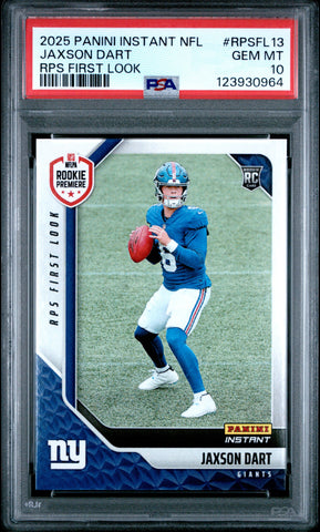 Graded 2025 Panini Instant Jaxson Dart #RPSFL13 RPS First Look Rookie RC Football Card PSA 10 Gem Mint (ONLINE ORDER ONLY)
