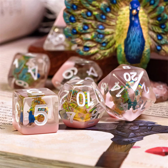 Peacock + Pink 7-Dice Set w/White Numbers Dnd Dice Set (Online Only)