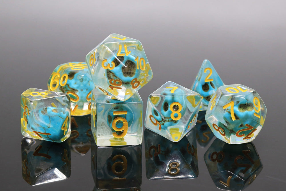 Turquoise Treasure Skull Dice Blue/Yellow Halloween Resin 7-Dice (Online Only)