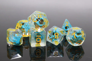 Turquoise Treasure Skull Dice Blue/Yellow Halloween Resin 7-Dice (Online Only)