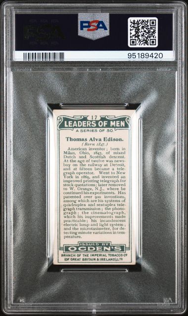 Graded 1924 Ogden's LTD. Leaders of Men Thomas Alva Edison #17 Baseball Tobacco Card PSA 7 Near Mint (ONLINE ORDER ONLY)