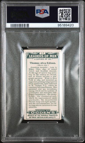 Graded 1924 Ogden's LTD. Leaders of Men Thomas Alva Edison #17 Baseball Tobacco Card PSA 7 Near Mint (ONLINE ORDER ONLY)