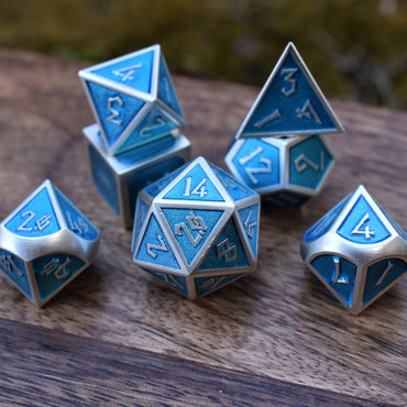 Elder Runes Electric Blue And Matte Silver Metal Dice Set (ONLINE ORDER ONLY)
