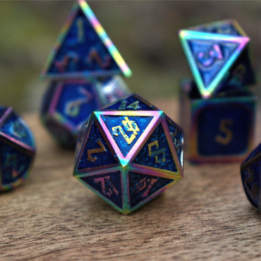 Elder Runes Iridescent And Blue Glitter Metal Dice Set (ONLINE ORDER ONLY)