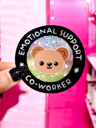 Funny Vinyl Sticker – Emotional Support Co-Worker – Glitter Holographic Waterproof Bear Decal for Work Laptop or Office Gift (Online Order Only)