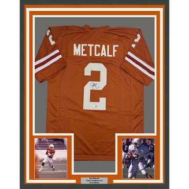 Framed Autographed/Signed Eric Metcalf 35x39 Texas Orange College Football Jersey Beckett BAS COA (ONLINE ORDER ONLY)