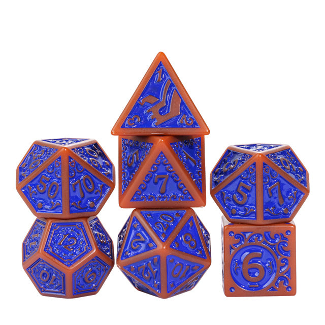 Burnt Orange with Blue Irregular Pattern Fill: 7-Piece Acrylic Dice Set (Online Only)