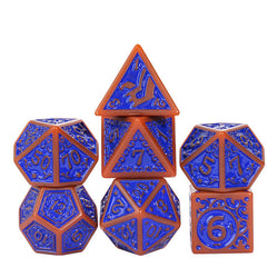 Burnt Orange with Blue Irregular Pattern Fill: 7-Piece Acrylic Dice Set (Online Only)
