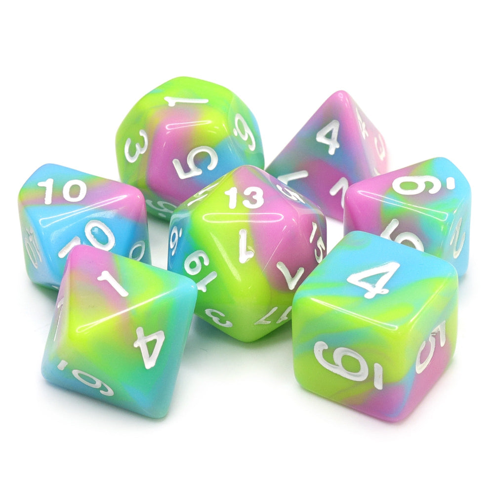 Childhood Pink/Blue/Green/Yellow Blend with White Numbering 7-Dice Set RPG (Online Only)