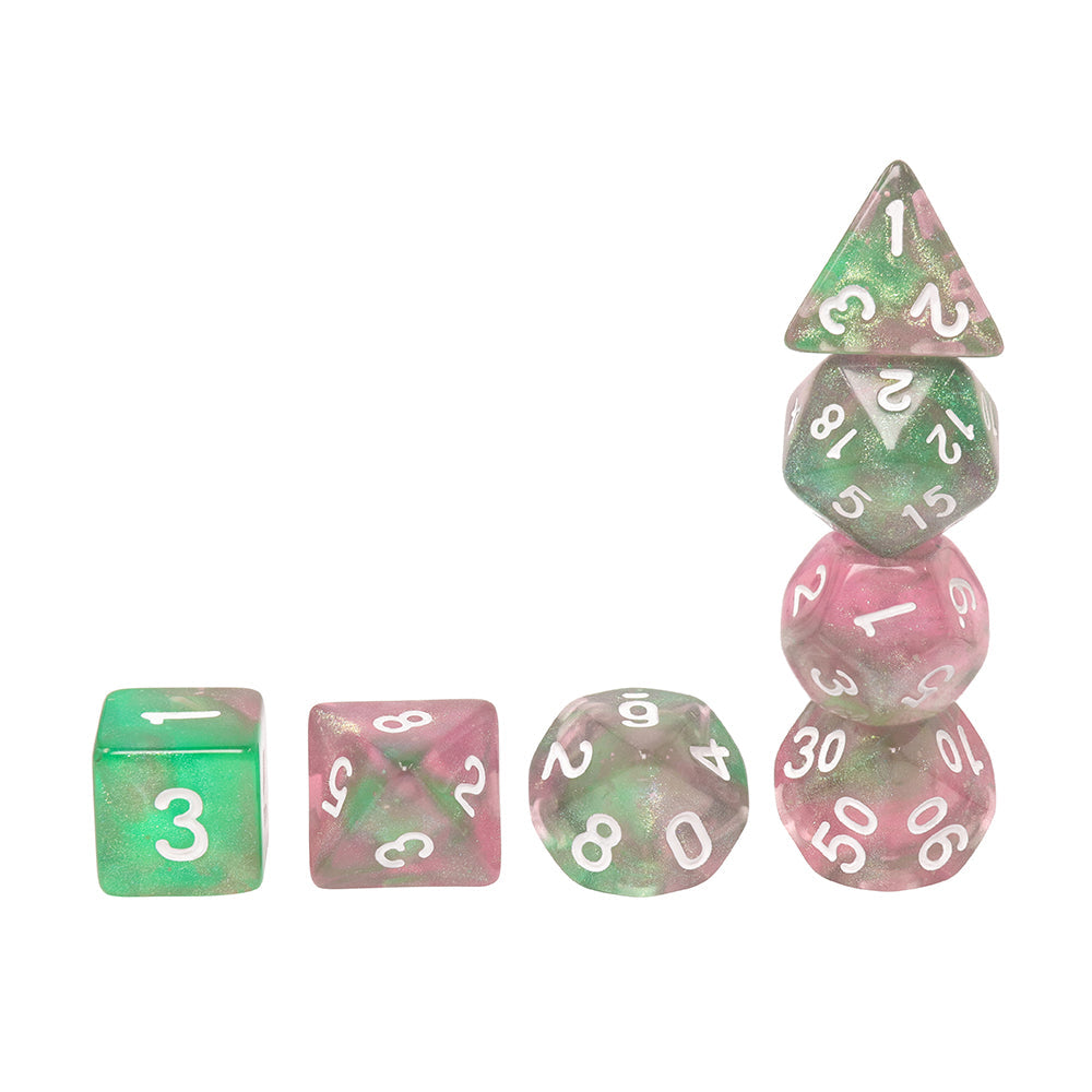 Rebirth 7-Dice Set Green/Pink w/White Numbers Dnd Dice Set (Blacklight reactive) (Online Only)