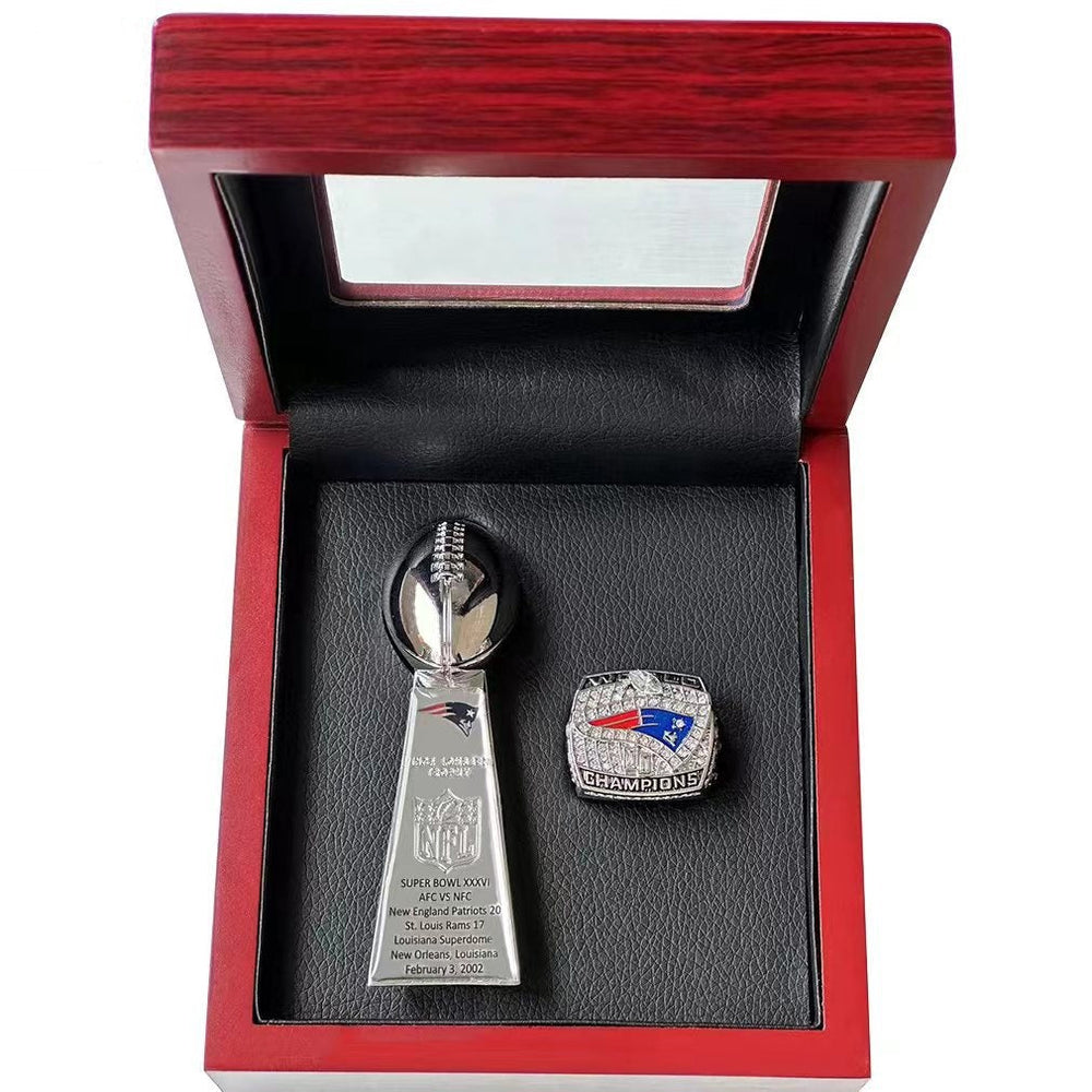 New England Patriots Super Bowl Championship Ring & Trophy Set– 2002, 2004, 2005, 2015, 2017 & 2019