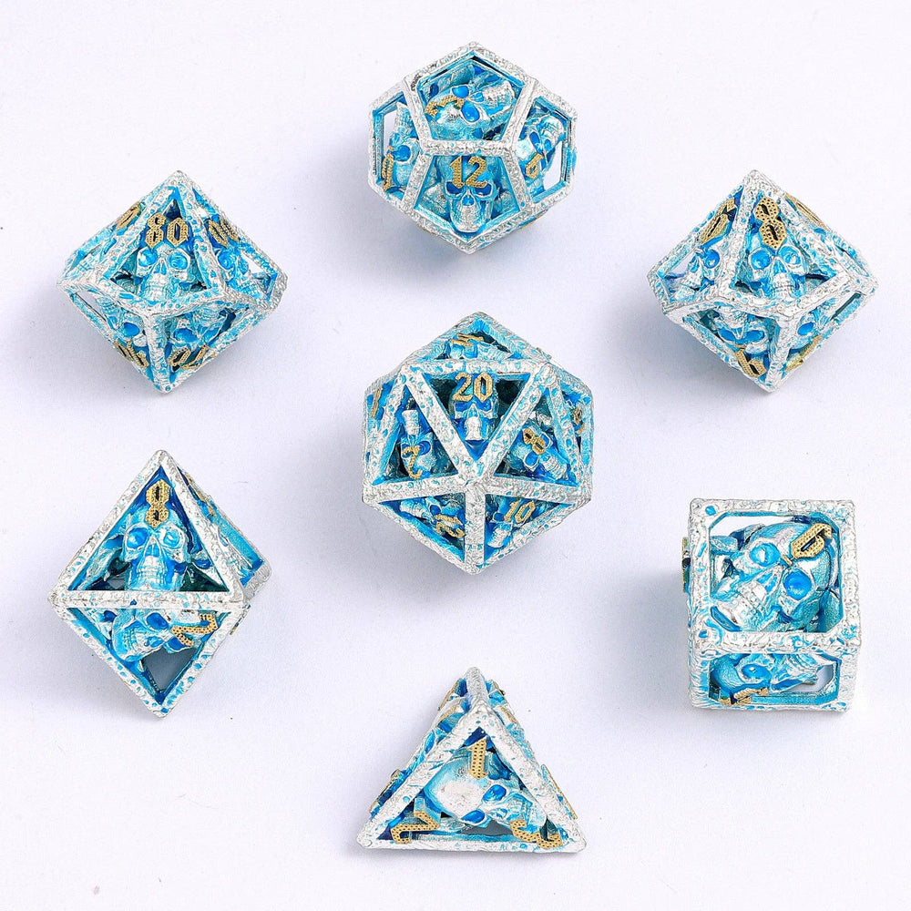 Skull's Grin Hollow Metal Dice Set - Glow in the Dark Blue (ONLINE ORDER ONLY)