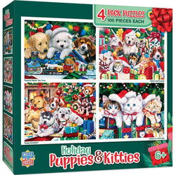 Holiday Puppies & Kitties 100 Piece Jigsaw Puzzles 4-Pack