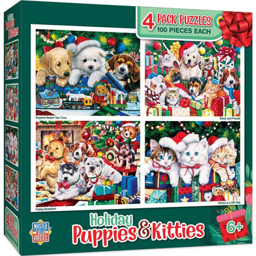 Holiday Puppies & Kitties 4-Pack 100 Piece Jigsaw Puzzles (ONLINE ORDER ONLY)