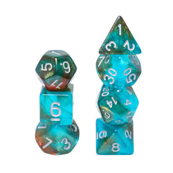 Neverland 7-Dice Set Teal/Orange w/Silver Numbers Dnd Dice Set (Blacklight reactive) (Online Only)