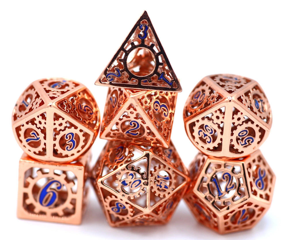 Copper with Blue Enamel Hollow Metal Gears of Providence Polyhedral Dice Set (ONLINE ORDER ONLY)