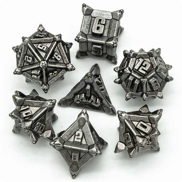 Vintage Silver Pinwheel Strengthened Metal 7-Dice Set | Metal DND Dice (Online Only)