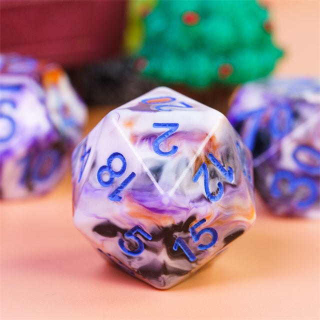 Spooky 4-Color 7-Dice Dnd Dice | White Orange Purple w/Purple Numbers Set (Online Only)