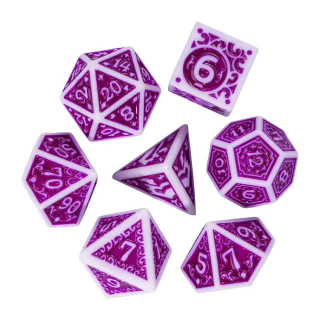 White with Purple rregular Pattern Fill: 7-Piece Acrylic Dice Set (Online Only)