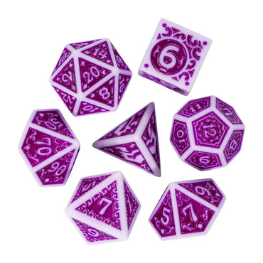 White with Purple rregular Pattern Fill: 7-Piece Acrylic Dice Set (Online Only)
