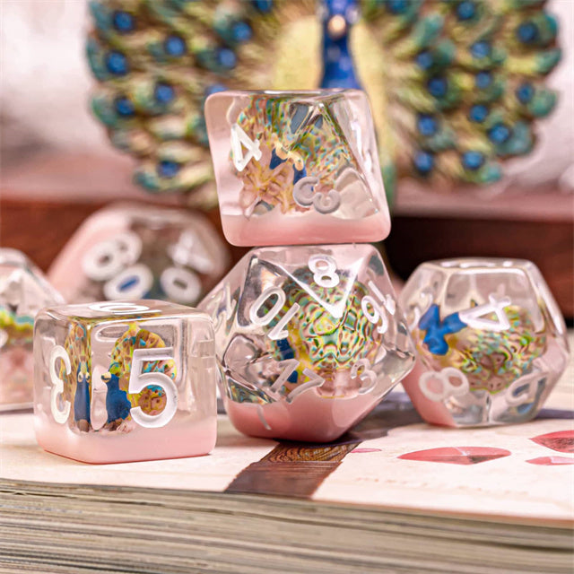 Peacock + Pink 7-Dice Set w/White Numbers Dnd Dice Set (Online Only)
