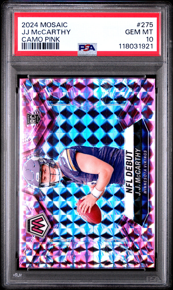 Graded 2024 Panini Mosaic JJ McCarthy #275 Camo Pink Rookie RC Football Card PSA 10 Gem Mint (ONLINE ORDER ONLY)