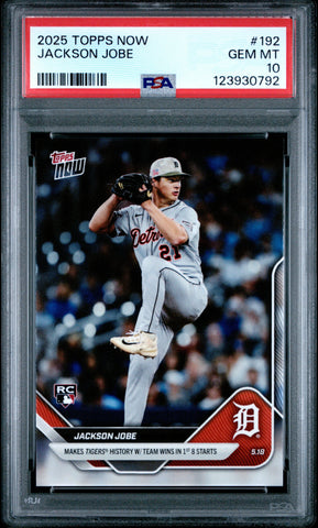 Graded 2025 Topps Now Jackson Jobe #192 Rookie RC Baseball Card PSA 10 Gem Mint (ONLINE ORDER ONLY)