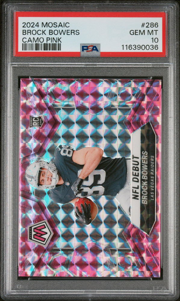 Graded 2024 Panini Mosaic Brock Bowers #286 Camo Pink Rookie RC Football Card PSA 10 Gem Mint (ONLINE ORDER ONLY)