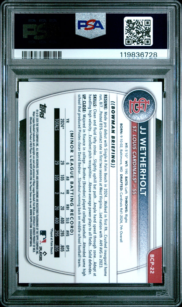 Graded 2025 Topps Bowman JJ Wetherholt #BCP22 Chrome Prospects Rookie RC Baseball Card PSA 10 Gem Mint (ONLINE ORDER ONLY)