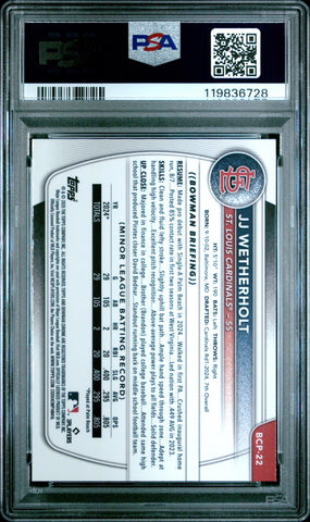 Graded 2025 Topps Bowman JJ Wetherholt #BCP22 Chrome Prospects Rookie RC Baseball Card PSA 10 Gem Mint (ONLINE ORDER ONLY)