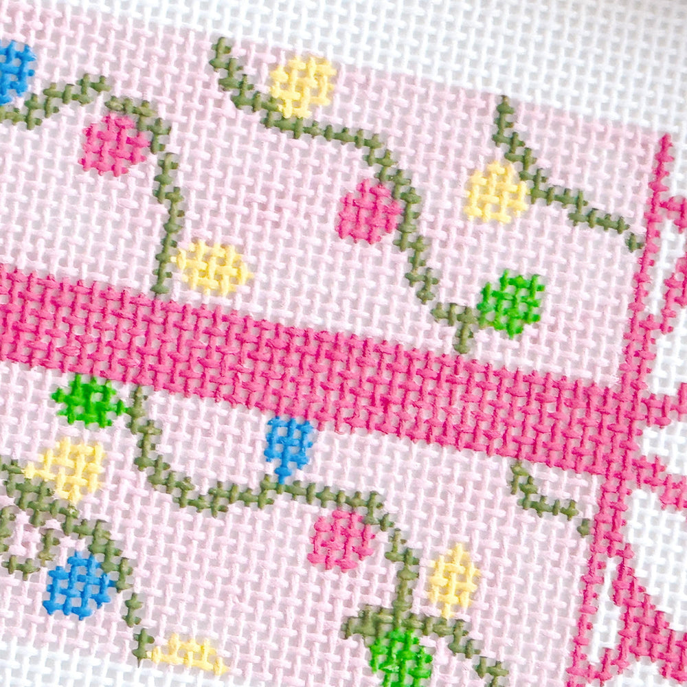 Cotswold Co Designs - Pink Present Christmas Needlepoint Canvas 18 Mesh 2.5”x5” Design, Bow Christmas Needlepoint Ornament, Modern Needlepoint (ONLINE ORDER ONLY)