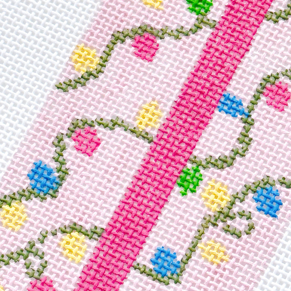 Cotswold Co Designs - Pink Present Christmas Needlepoint Canvas 18 Mesh 2.5”x5” Design, Bow Christmas Needlepoint Ornament, Modern Needlepoint (ONLINE ORDER ONLY)