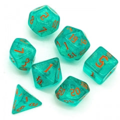 Blue/Teal Glitter Party Dice (Red/Orange font) 7-Dice Set RPG DND (Online Only)