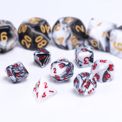 Black-White Blend 7-Dice Mini-Dice RPG Set w/Red Numbers Miniature Dice (Online Only)
