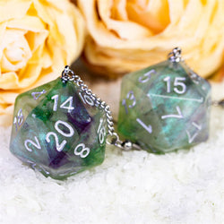 Glitter Green Dice Earrings: D20 Dice Spinning Colors Nerdy RPG Jewelry (Online Only)
