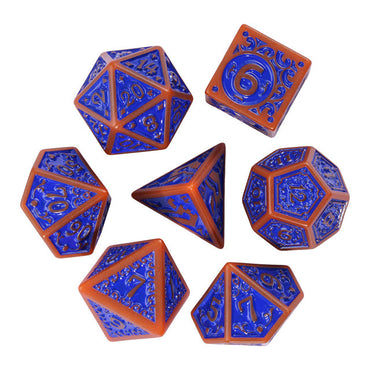 Burnt Orange with Blue Irregular Pattern Fill: 7-Piece Acrylic Dice Set (Online Only)