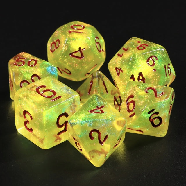 Lemon Yellow Glitter with Red Numbering 7-Dice Set RPG (Online Only)