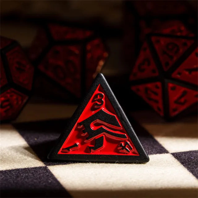 Black with Red Irregular Pattern Fill: 7-Piece Acrylic Dice Set (Online Only)
