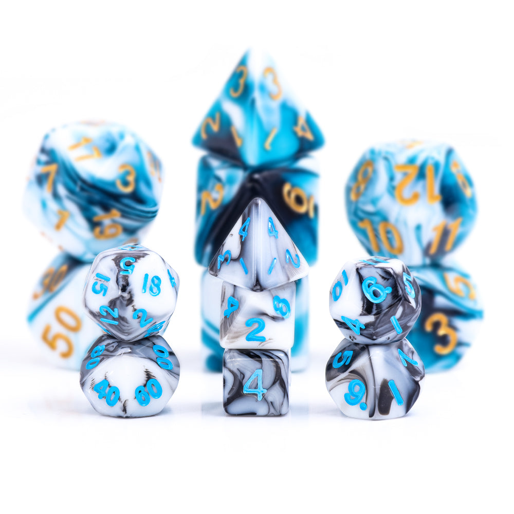 Black White Blend 7-Dice Mini-Dice RPG Set w/Blue Numbers Miniature Dice (Online Only)